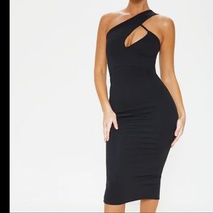 Black One Shoulder Asymmetric Neck Midi Dress
